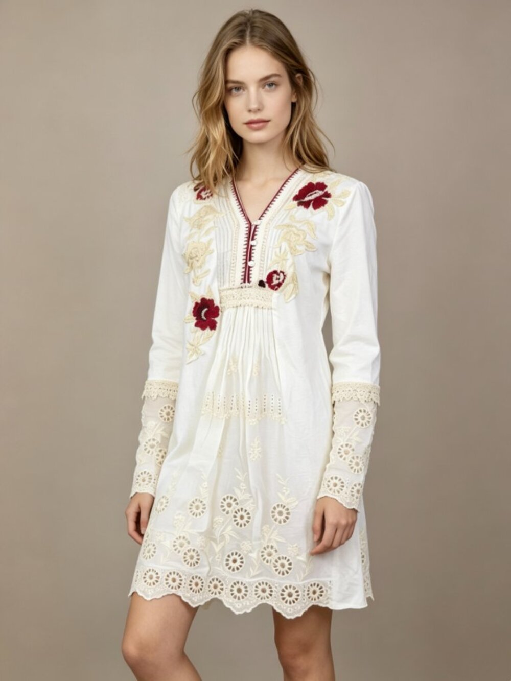 NWOT Johnny Was Embroidered Floral Long Sleeves Cream Tunic Dress Boho Cotton S